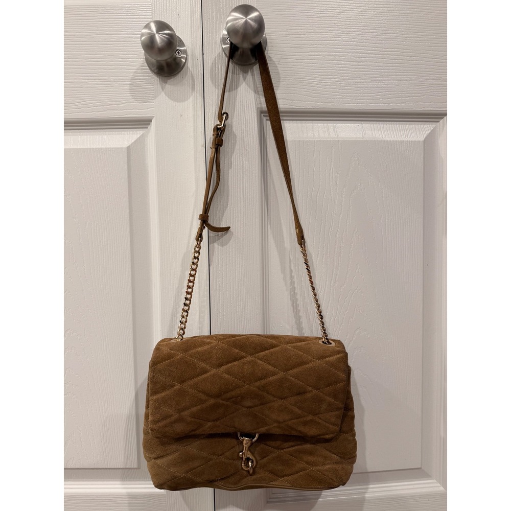 Rebecca Minkoff Edie Flap Shoulder Bag Quilted Suede Brown Gold Hardware